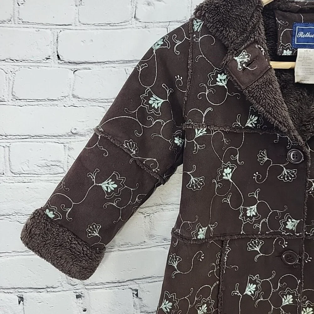 Rothschild Coat Girls Sz 4 Brown Faux Suede Embroidered Sherpa Lined‎
